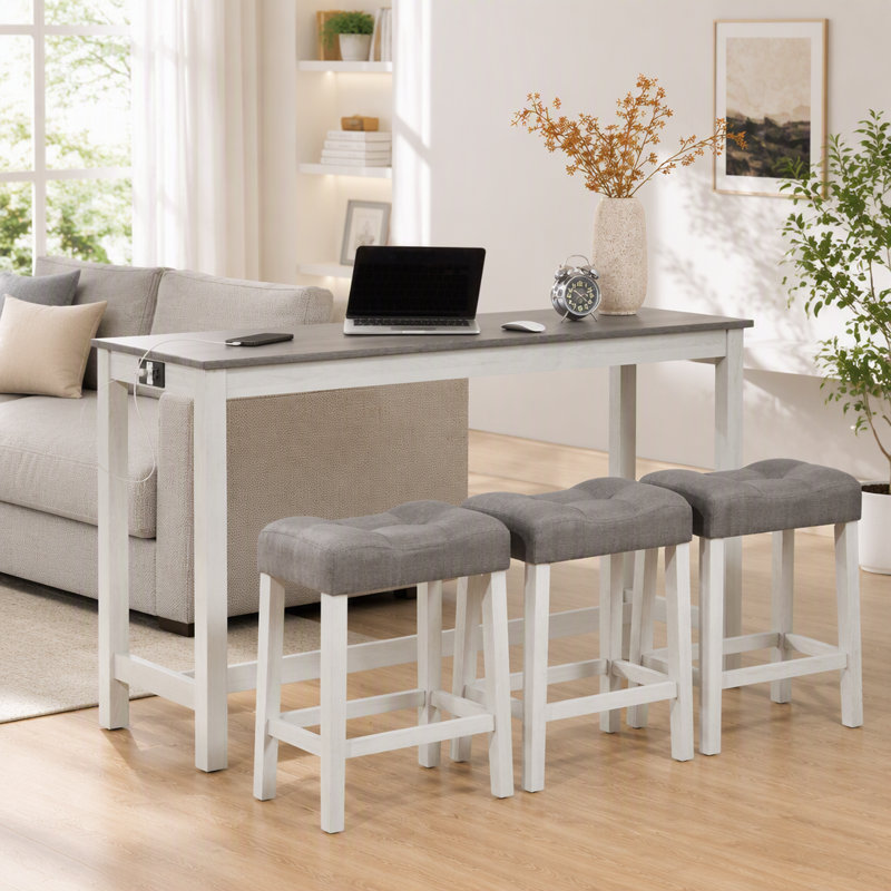Ensemble de table de bar 4 pièces avec prise électrique, comprenant table et chaises, table de bar avec tabourets, table d'appoint derrière le canapé avec 3 tabourets rembourrés, pour salon et salle à manger, blanc et gris.