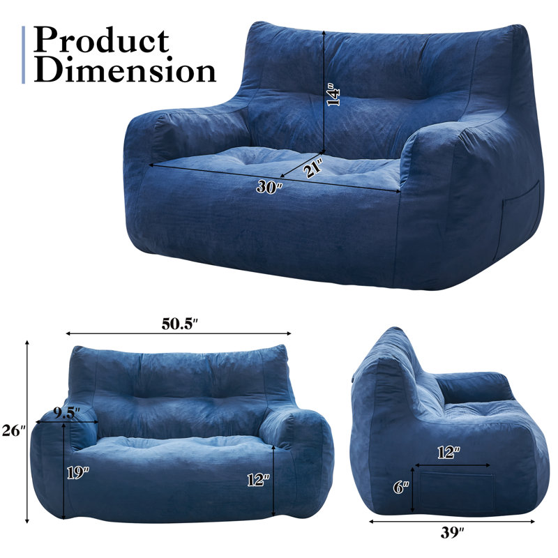 Oversized Bean Bag Chair for Adults, 2-Seater Loveseat Sofa, Bean Bag Couch with Filler Giant Living Room Bean Bag Chair with Pocket, Big Lazy Sofa Accent Chair for Gaming, Reading
