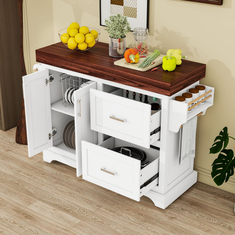 Rolling Kitchen Cart with Thick Top, 2 Large Drawers, Spice & Towel Racks and 5 Wheels with Locks, White