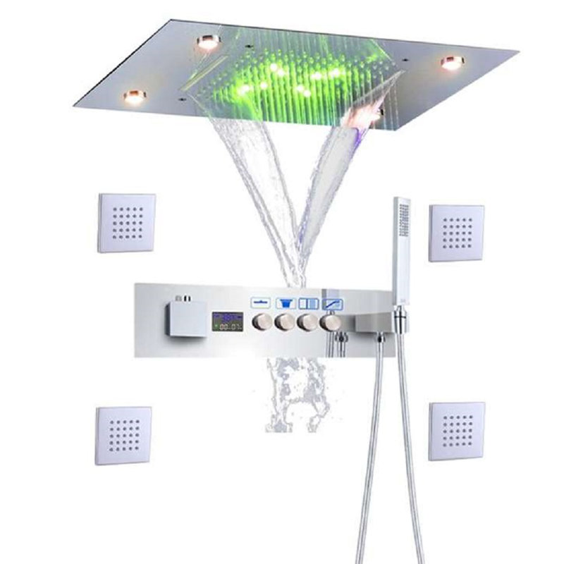 Rome Chrome LED Ceiling Shower Thermostatic Control with Jets Waterfall and Hand Shower, Push Button