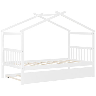 Lit simple, lit maison en bois, lit gigogne, blanc, forme, bois de pin, têtes de lit, cadre de lit large blanc avec design imaginatif pour les esprits créatifs, structure, 2 têtes de lit confort de sommeil, L 80,5 po au total