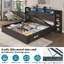 Base de lit avec rangement Shila 45,1 "avec station de charge, tête de lit bibliothèque à DEL et 2 tablettes latérales, grand lit, noir-105505028-105505026