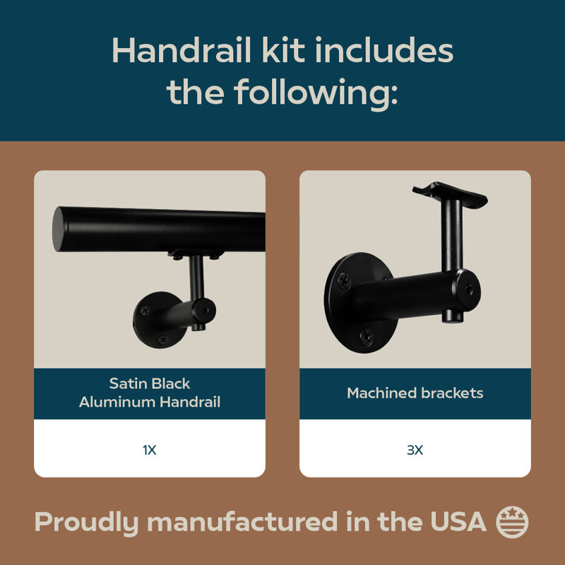 Industrial Aluminum 1.5 Inch Round Complete Indoor/Outdoor Handrail Grab Bar Kit, 72" W, Black