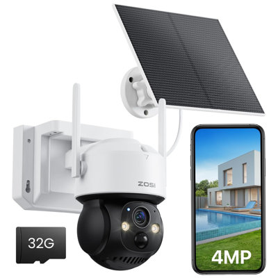  C291 Caméra de sécurité d'extérieur sans fil à piles 360 ° avec panneau solaire, projecteur, carte SD 32 Go