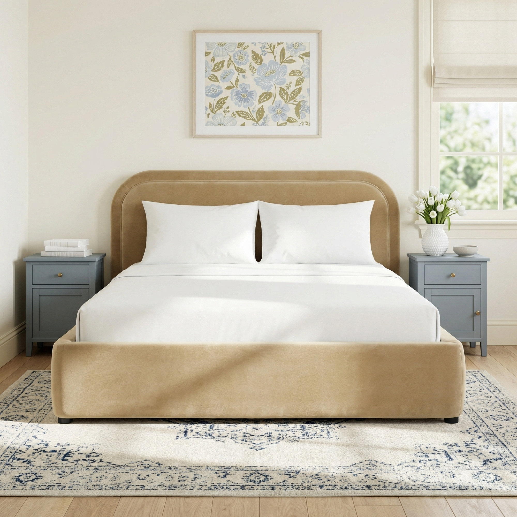 Paola Upholstered Panel Bed, Camel, Queen