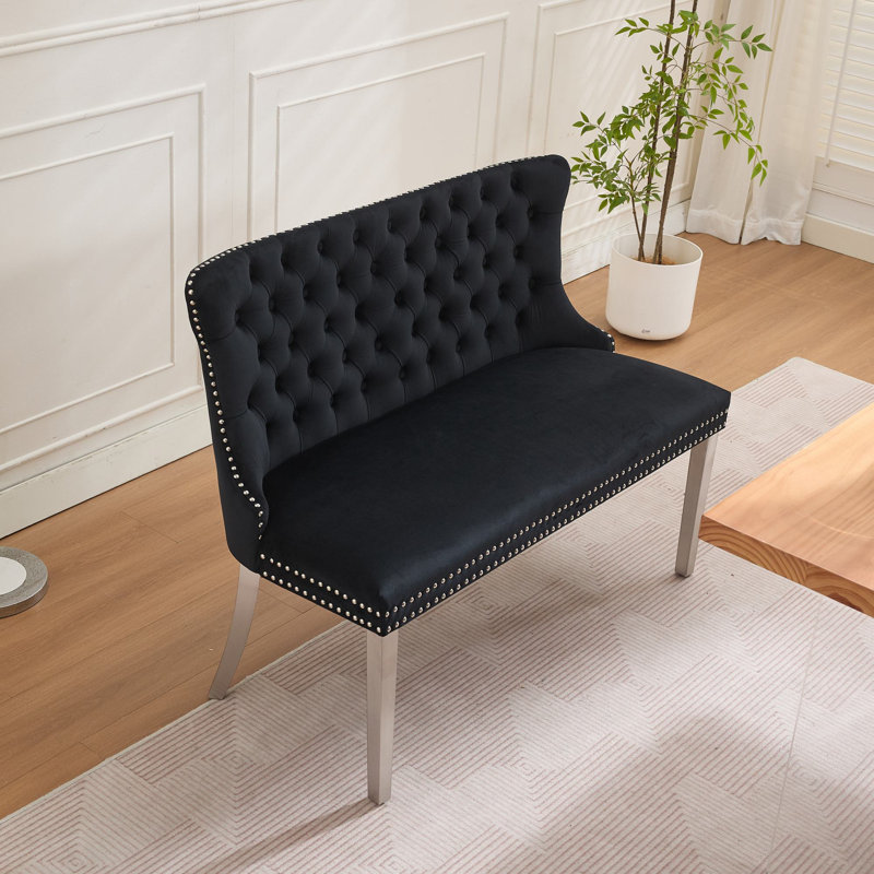 45.6”Velvet Upholstered 2-Seat Armless Loveseat, Black, Silver