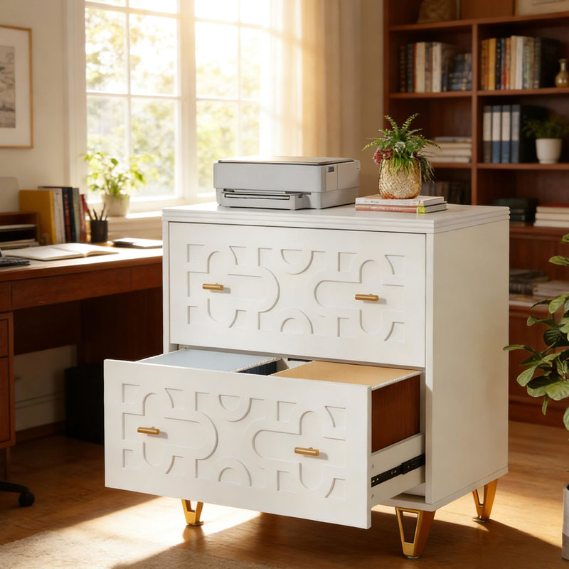 Classeur blanc Nordic, deux tiroirs spacieux, tiges de suspension réglables, grand classeur pour articles multifonctionnel avec style, tiroirs au design sécuritaire et silencieux, bureau idéal