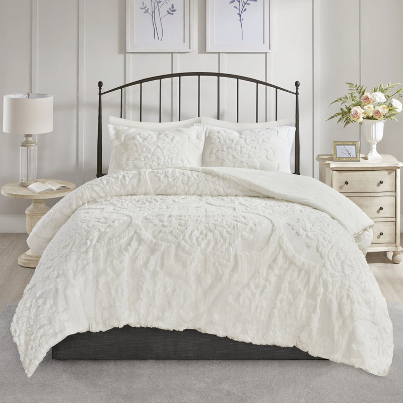 Édredon très grand / très grand - chenille de coton, 2 taies décoratives, literie gracieuse, 100% rembourré, Blanc cassé