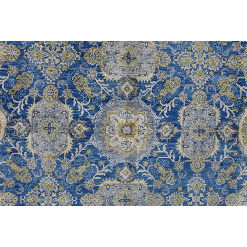 Hand Knotted Wool Area Rug in Blue And Beige