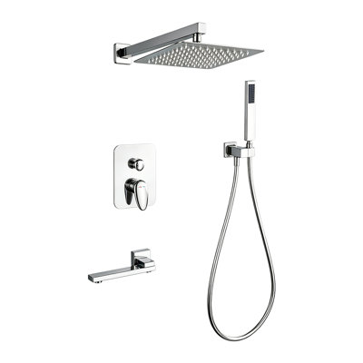 Système de douche encastré en chrome poli 0Ontz avec valve brute, pomme de douche à pluie haute pression carrée, douche à main à fonction unique et bec de baignoire aéré rotatif à 360 °, ensemble de robinet de douche mural complet pour salle de bain moderne