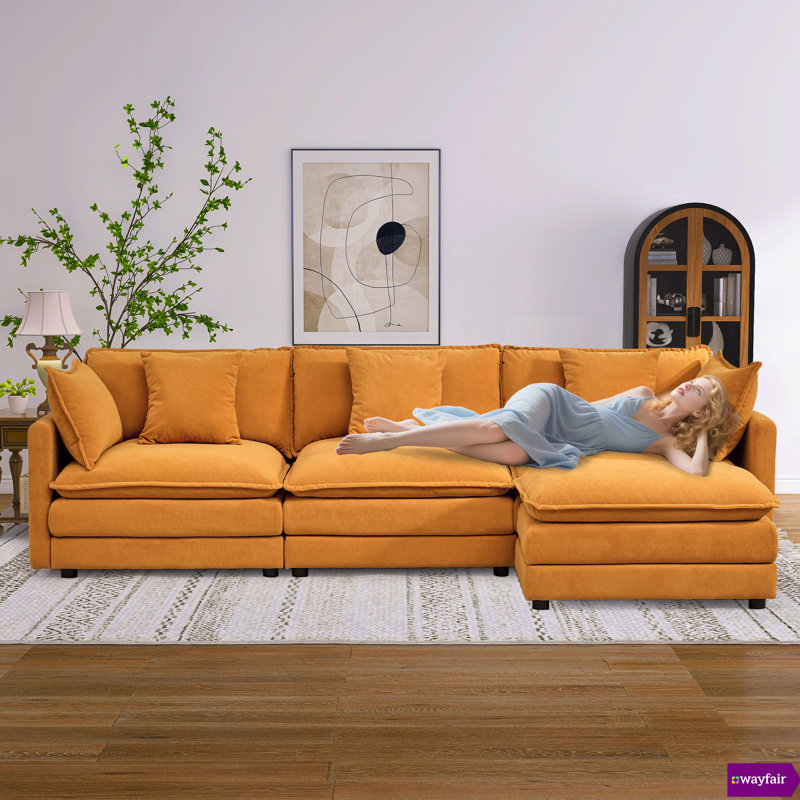 Lashanda 110.24"W Extra Deep Seat Modular Sectional With An Ottoman Sofa, Orange