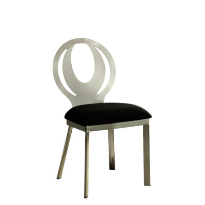 Modern Metal Dining Chairs, Silver Coated, Black Microfiber Seat Cushion, Oval Back, 2 2Pc Frame, Padded Seat, Contemporary Back Style