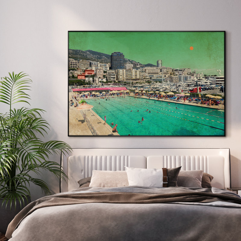 Très grande reproduction d'art sur tissu - Coastal City, bord de piscine, bord de mer, paysage urbain, décoration pour le salon ou la chambre à coucher - «Assemblage requis du cadre (cadre non fini)»