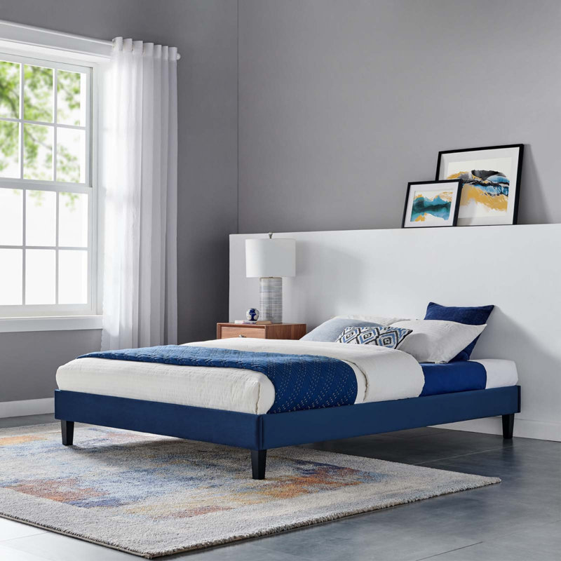 Reign Performance Velvet Platform Bed Frame, Full/Double, Navy