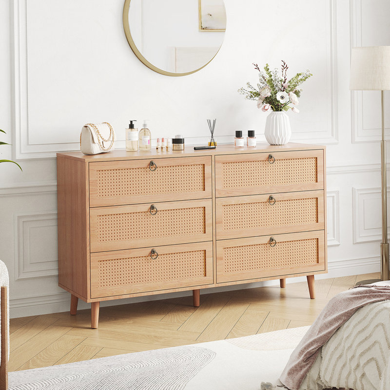 Commode 6 tiroirs en rotin pour chambre à coucher, commode moderne avec tiroir, Naturel