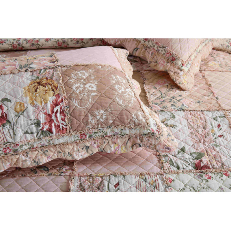 HoneiLife Queen Size 3-Piece 100% Cotton Patchwork Bedding Set, Pink Memories Handmade Quilt with Matching Pillow Shams, Pink