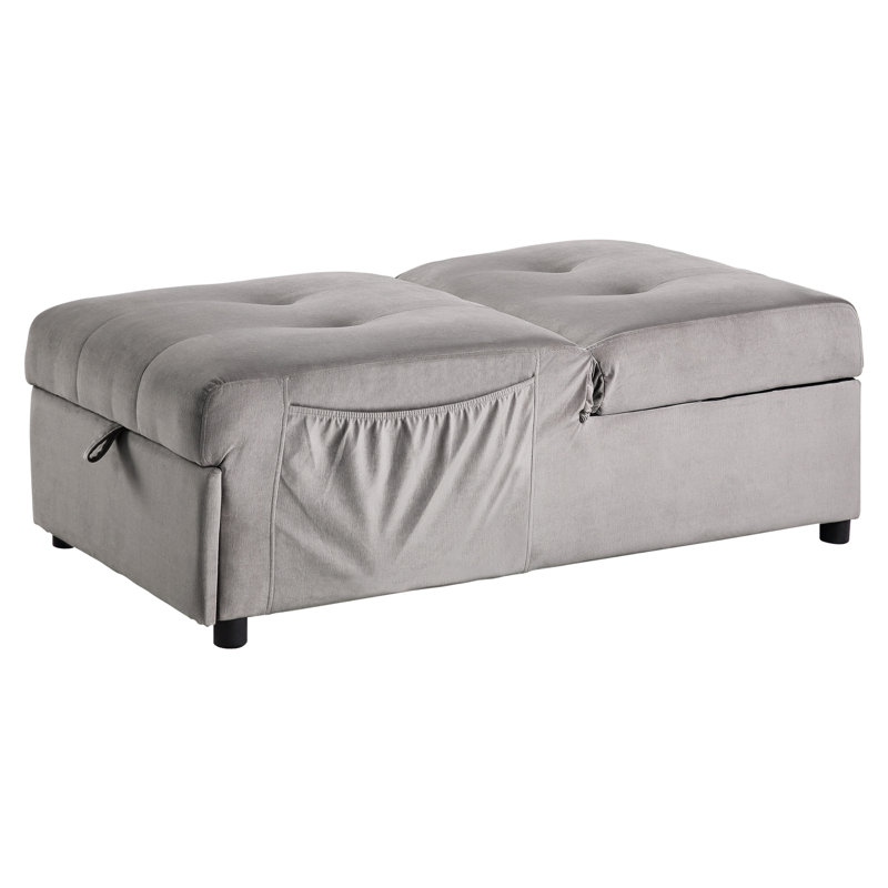 Banc contemporain en velours gris brunâtre avec lit escamotable et options de rangement polyvalentes