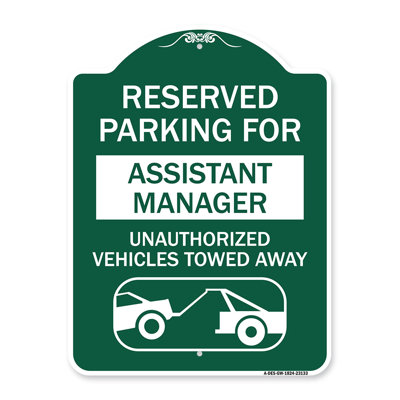 Signmission Designer Series Sign - Reserved Parking For Assistant Manager, Unauthorized Vehicles Towed Away (With Car Tow Graphic) | Black & Gold 18" X 24" Heavy-Gauge Aluminum Architectural Sign