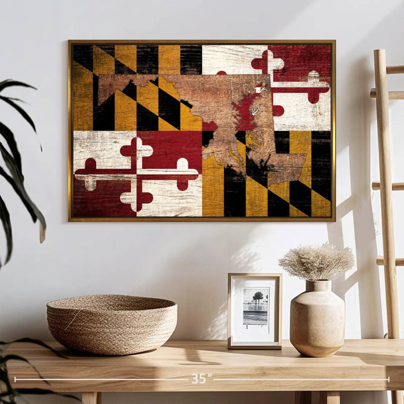 Carte d'État sur le drapeau du Maryland, 25 po x 17 po, Cadre flottant doré