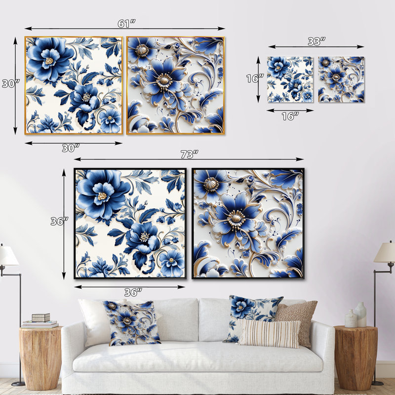 Victorian Cobalt Mosaics, Cadre flottant noir, H 16 po x l 33 po