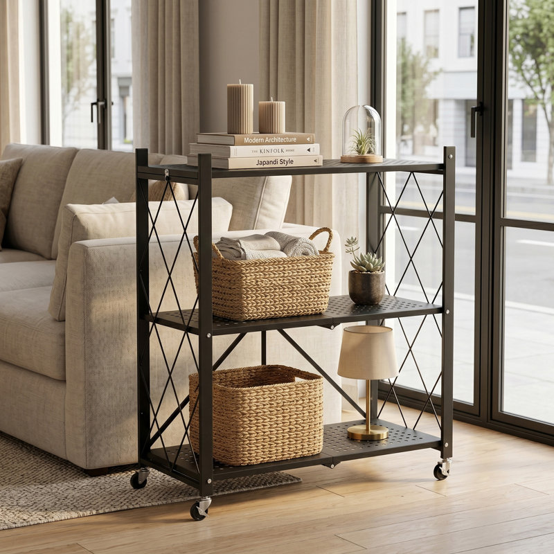 Étagère de rangement pliable à 3 niveaux avec roulettes verrouillables, étagère roulante