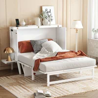 Lit escamotable double avec port USB et tablettes amovibles de chaque côté, lit escamotable en pin massif pour bureau personnel, chambre d'amis, blanc