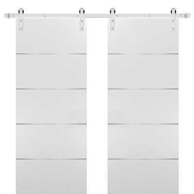 Sliding Double Barn Doors With Hardware | Planum 0020 | 13FT Rail Hangers Sturdy Set | Modern Solid Panel Interior Hall Bedroom Bathroom Door - Silver Rail