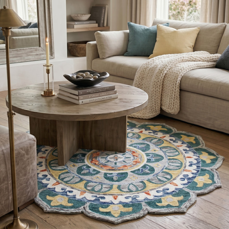 Emmeram Hand Hooked Wool Floral Indoor Rug, Round 6'