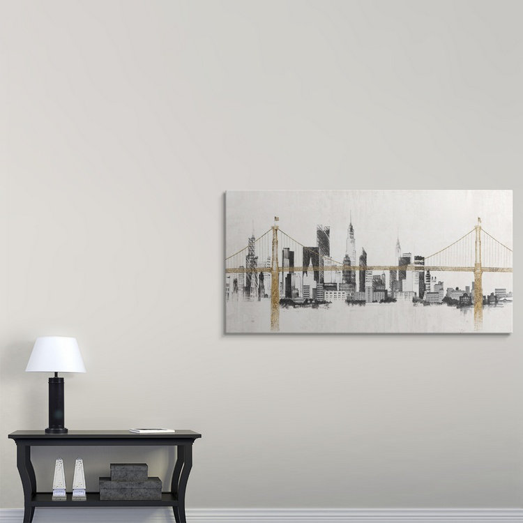 «Bridge and Skyline», impression d'art graphique Kiralynn, Cadre noir, H 20 po x l 32 po x P 1 po