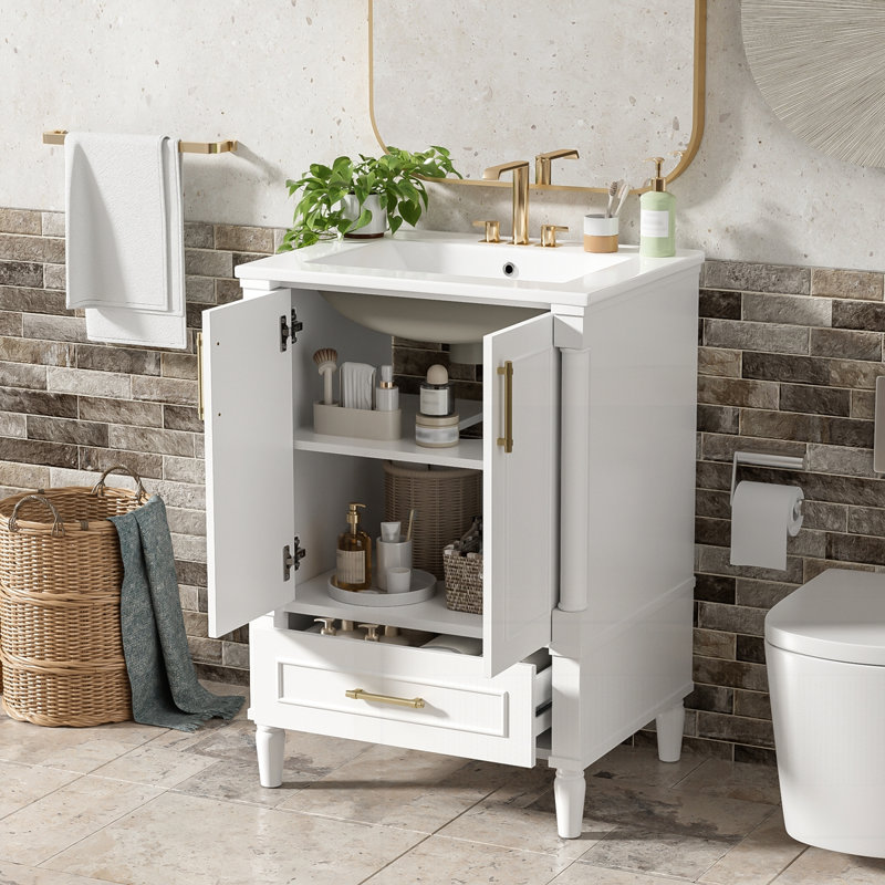 Meuble-lavabo moderne 24 po avec motif orné et charnières à fermeture en douceur, White