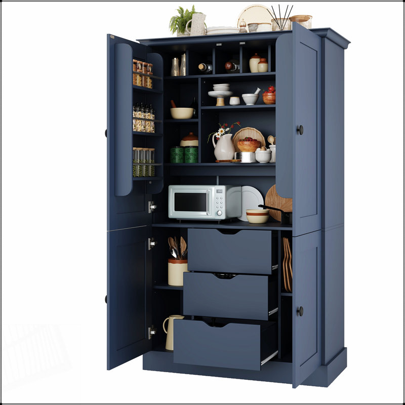 Armoire de cuisine autoportante avec 4 portes, 3 tiroirs, 6 tablettes et 6 supports à vin pour un rangement organisé et une conception élégante