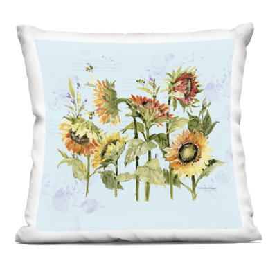 Coussin décoratif imprimé tournesols et abeilles sur bleu, design par Susan Winget