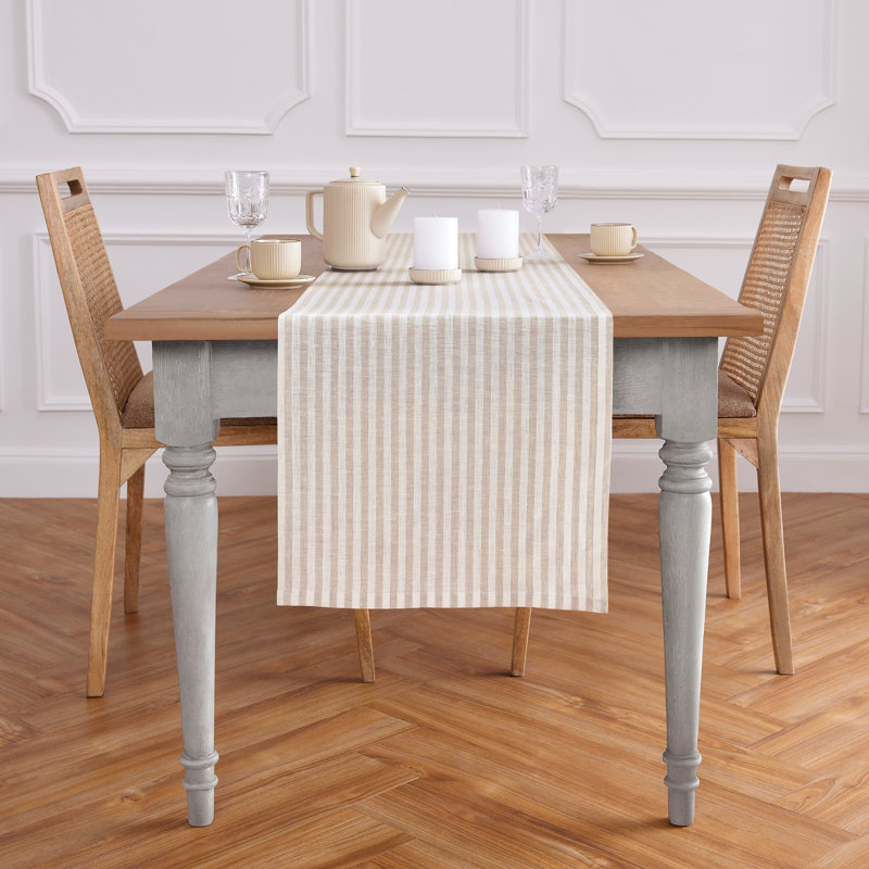 Amalfi Stripe - 100% Pure Linen Table Runner, Natural/White, 120" x 16"