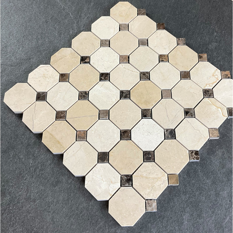 Carreau de mosaïque en marbre octogonal et à pois, Crème Marfil