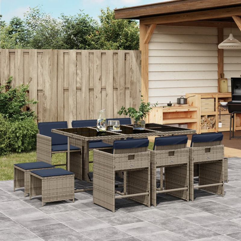 Ensemble repas 11 pièces avec coussins en rotin Vidaxl, Bleu, Gris