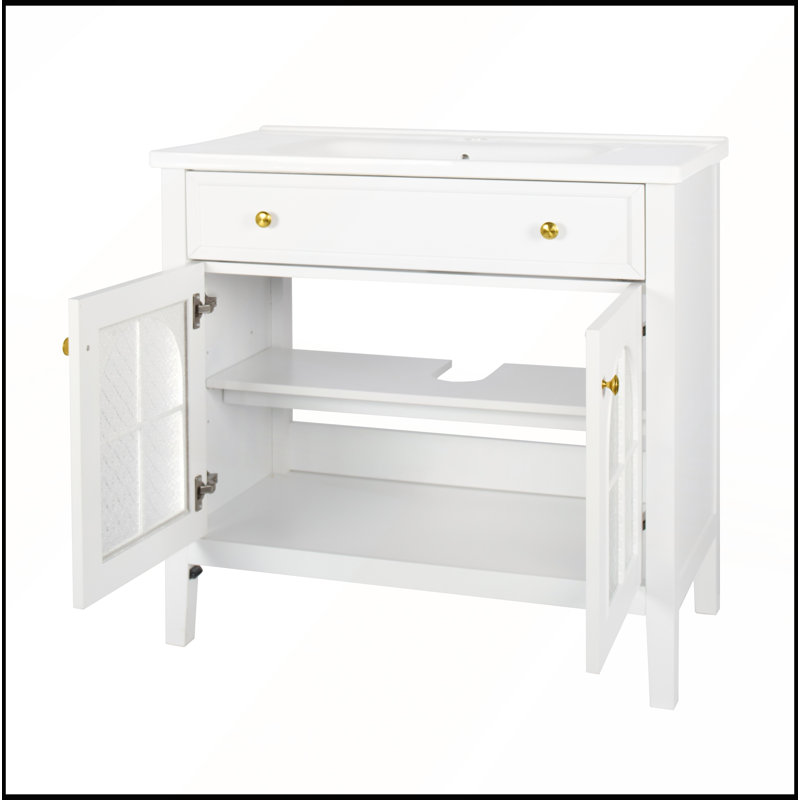 Meuble-lavabo de salle de bain de style Mid-Century avec verre à motif, lumière à capteur de mouvement et amplement de rangement pour un décor moderne