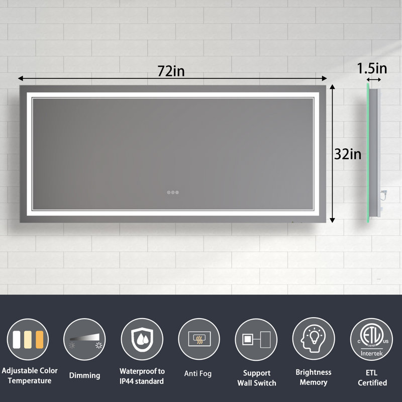 Miroir de salle de bain à DEL à intensité variable avec fonction de désembuage, Rectangle, 32 po x 72 po