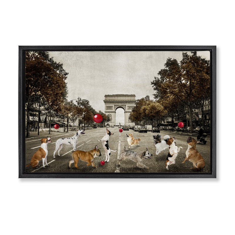 «Dogs jouer parmi l'architecture» par CAD Designs, Cadre flottant noir de jais, H 17 po x l 25 po