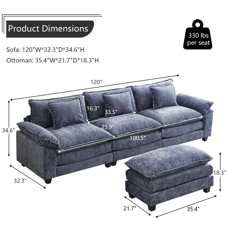 Natsuo Upholstered 120'' Sofa & Chaise, Blue Chenille