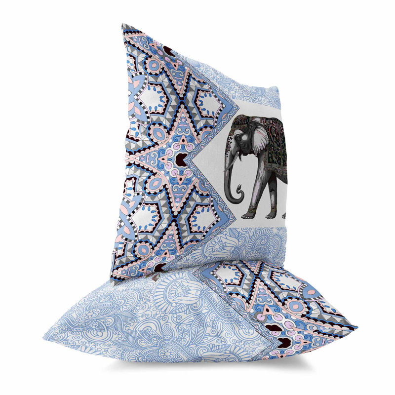 Coussin décoratif intérieur / extérieur Floraphant, H 16 po x l 16 po, Bleu / Gris