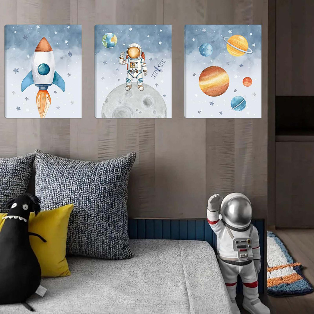 Outer Space Nursery Canvas,Astronaut Wall Art,Planet Wall Decor,Rocket Art Prints,Set Of 3(12X16 Inch,Framed) Explore Dream Galaxy Painting For Space