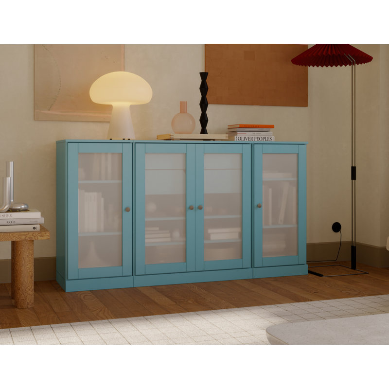 Buffet 100% bois massif 65 po avec portes en verre givré, 2 tiroirs et tablettes réglables, Bleu aqua