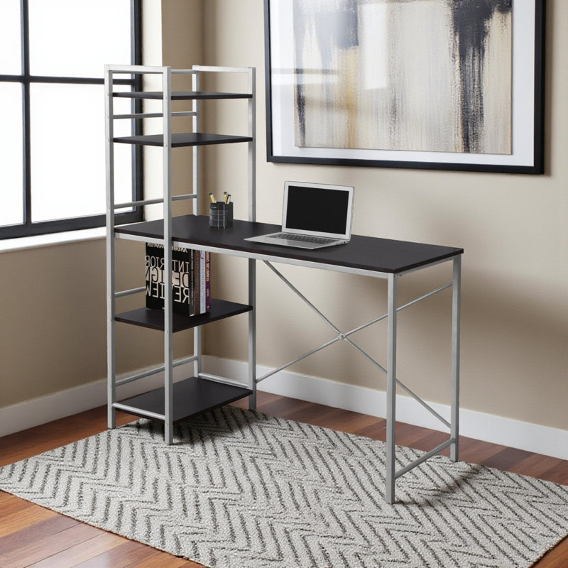 Nembus Contemporary 4-Shelves Dark Brown Finish Computer Desk, 54.83" H X 47.11" W X 18.21" D, Dark Brown