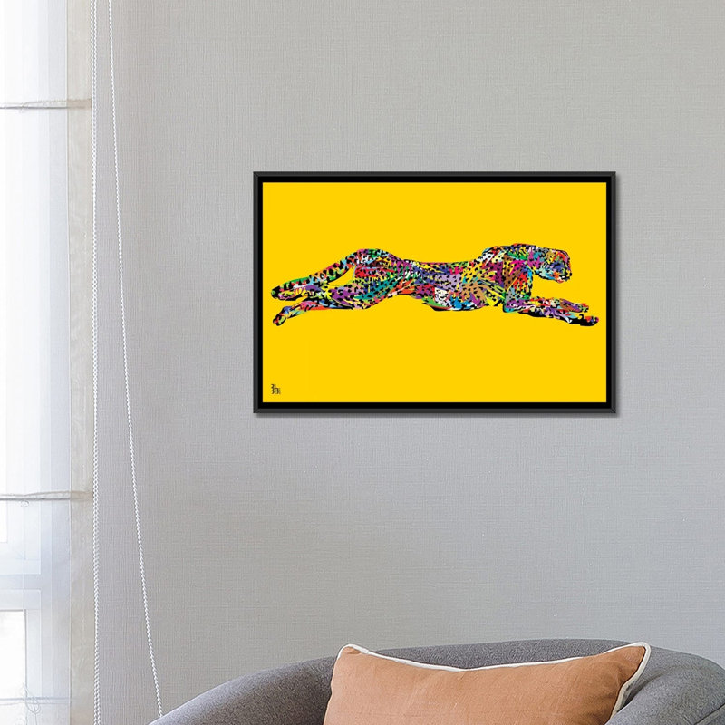 Guépard, impression sur toile tendue, H 18 po x l 26 po x P 1,5 po, Toile encadrée noire, Pas de tapis