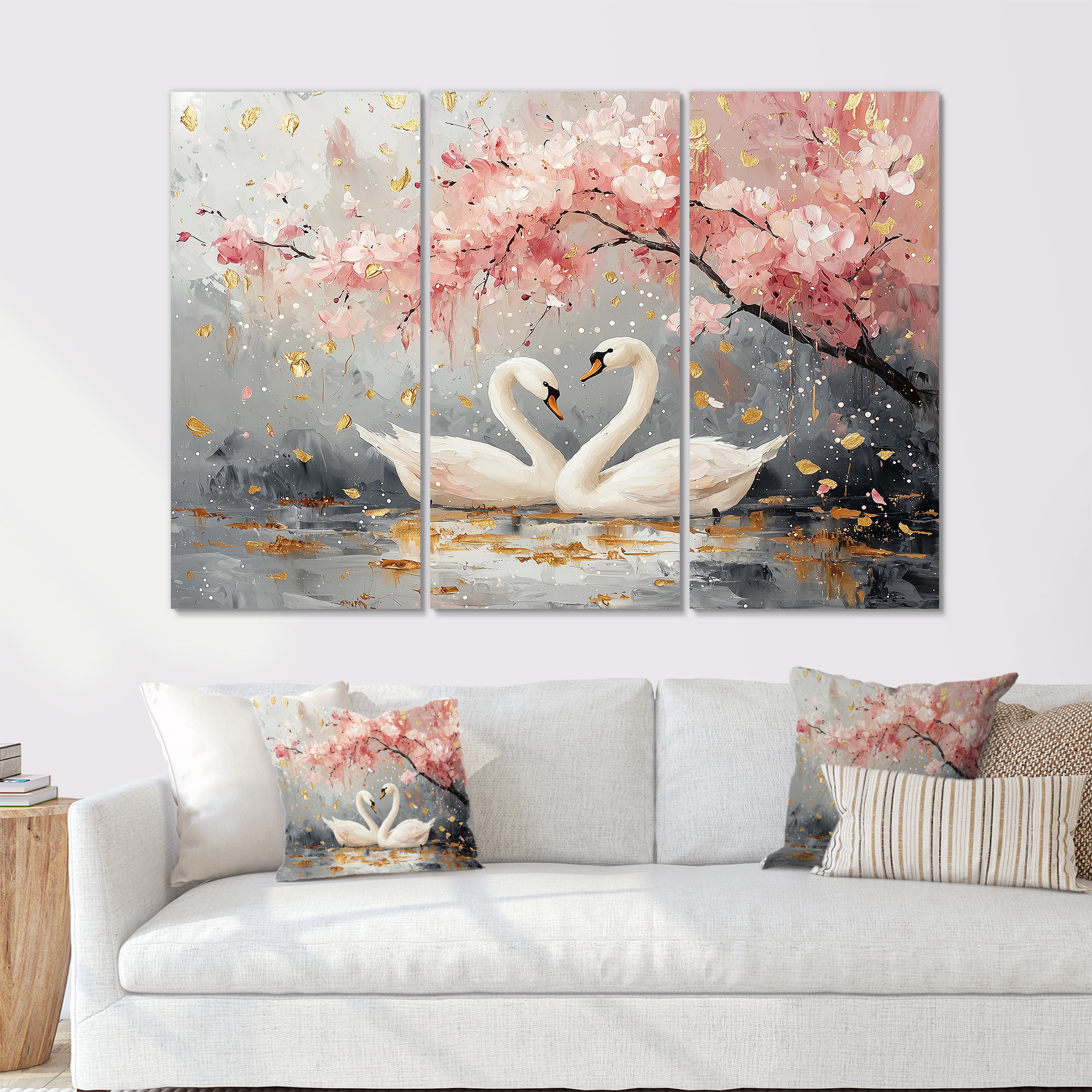Lark Manor Pink And Gold Swans Love Under Cherry Blossom II - Cherry ...
