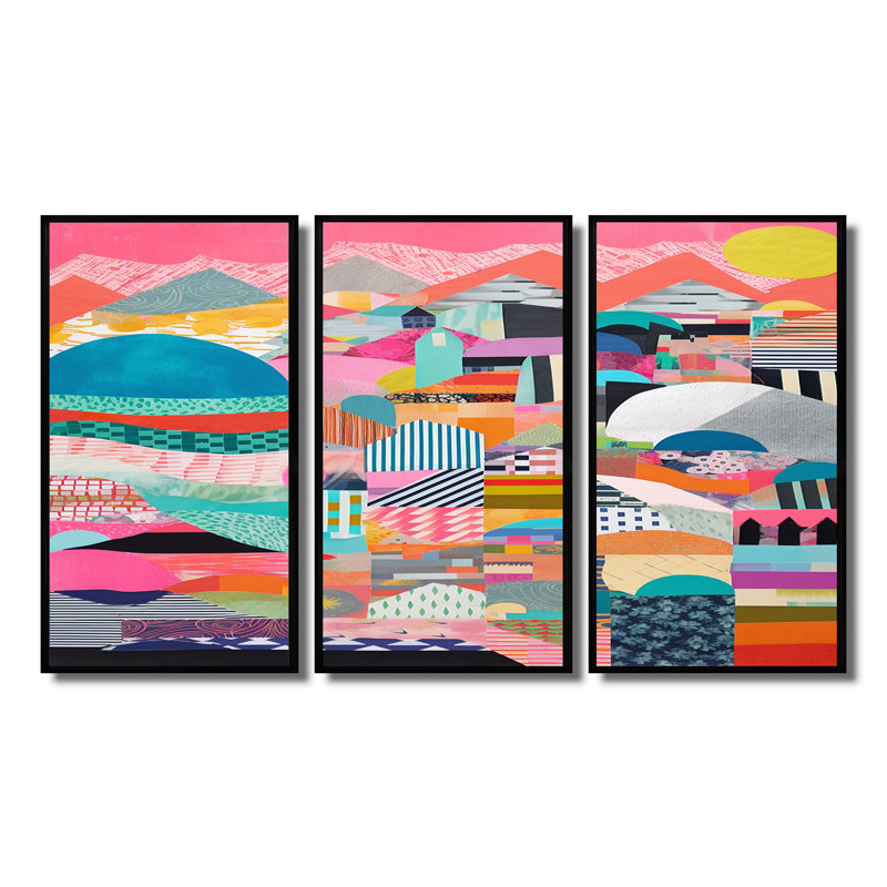 Ensemble de salon mural Billerica - Collages abstraits, Cadre flottant noir, H 32 po x l 48 po x P 1 po