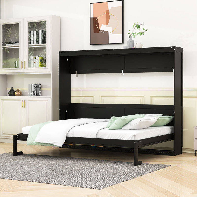 Lit escamotable contemporain avec éclairage à DEL et charge USB, Grand lit, Noir