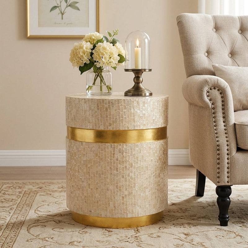 Table d'appoint en nacre avec base, Plateau doré / base dorée
