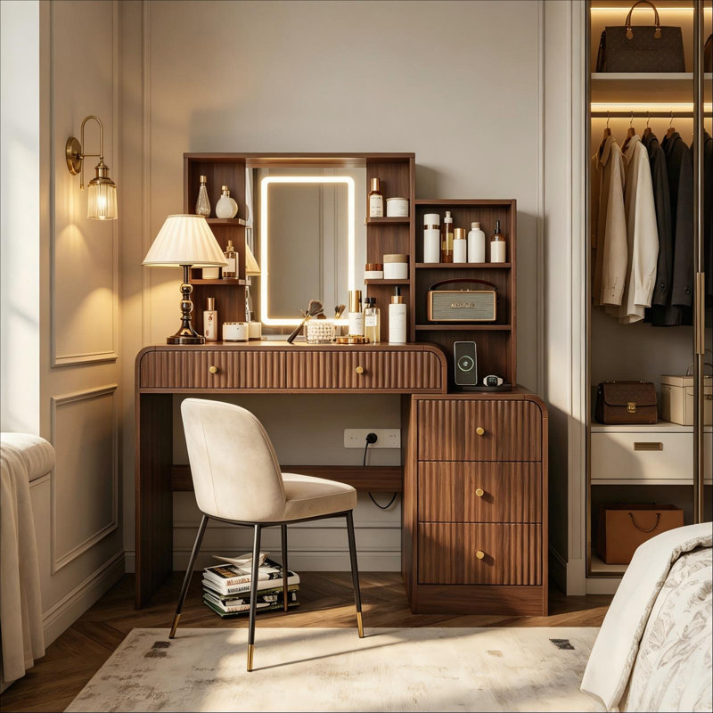 Bureau de coiffeuse avec miroir lumineux, coiffeuse à finition espresso avec 5 tiroirs, tablettes de rangement ouvertes et station de recharge intégrée