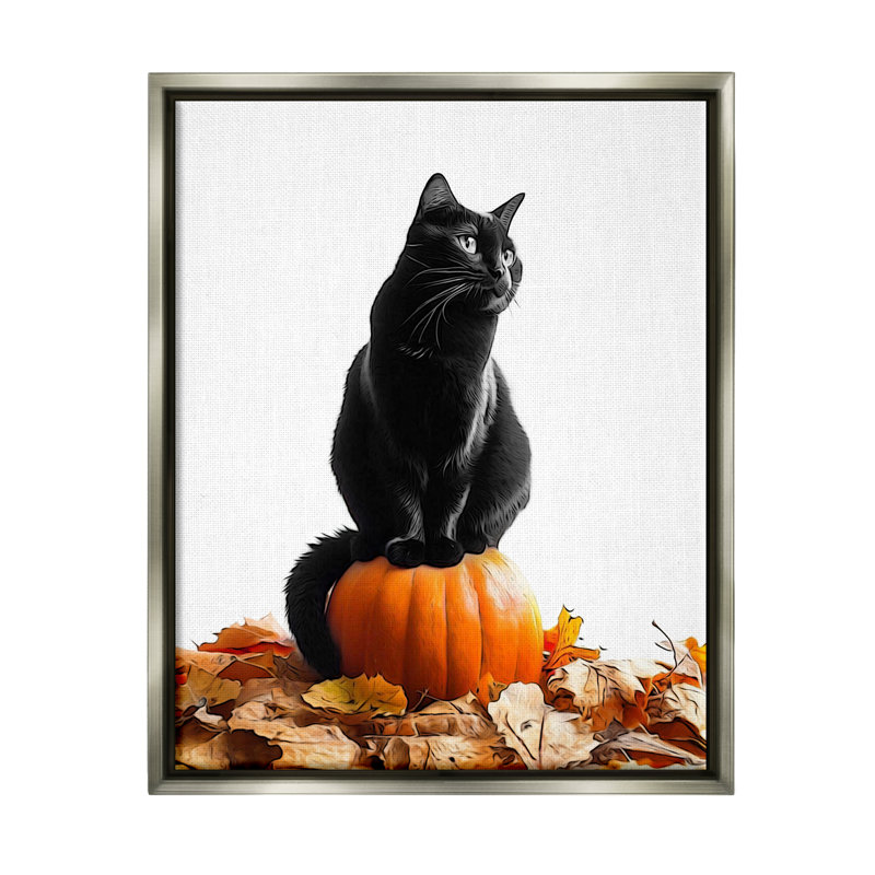 Chat noir et citrouille sur toile par Annalisa Latella, Cadre flottant gris lustré, H 31 po x l 25 po x P 1,7 po